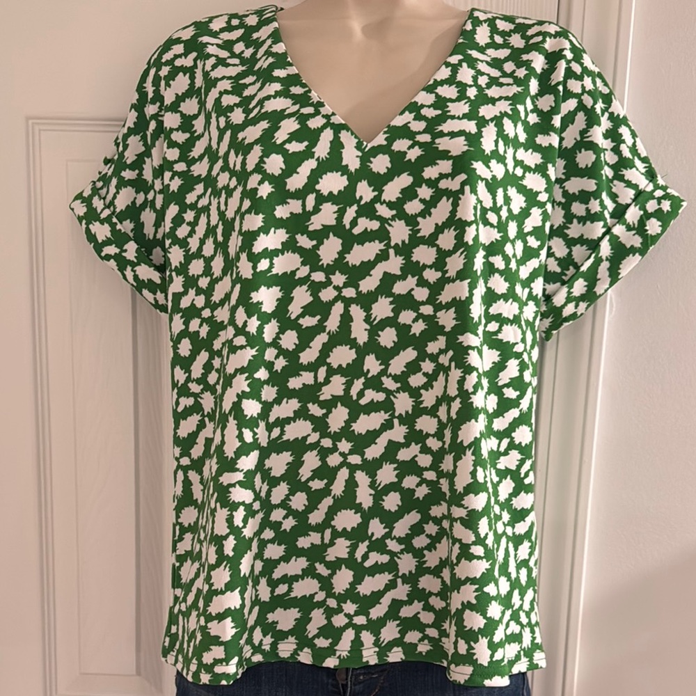 MELLODAY Green and White Cuffed Sleeve Blouse sz S